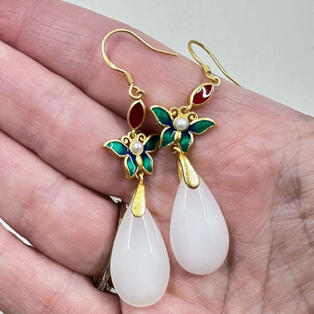 Chinese Style White Jade Butterfly Enamel Dangle Earrings